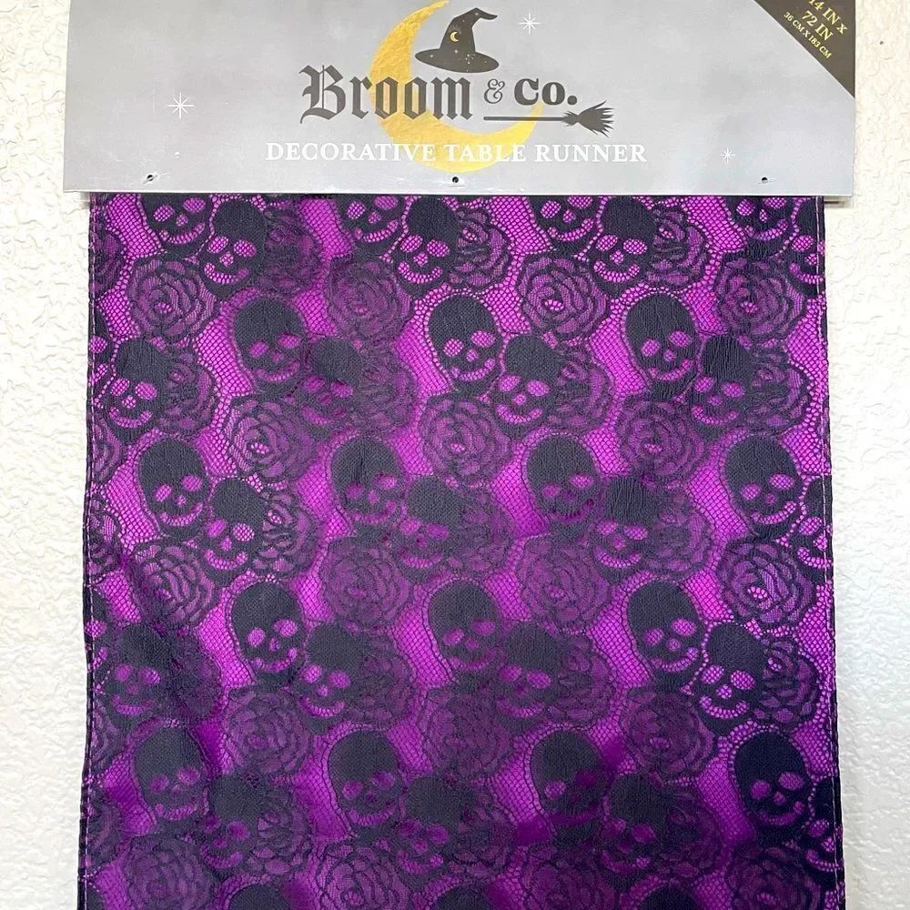 Halloween Purple Black Floral Skull Lace Mesh Table Runner